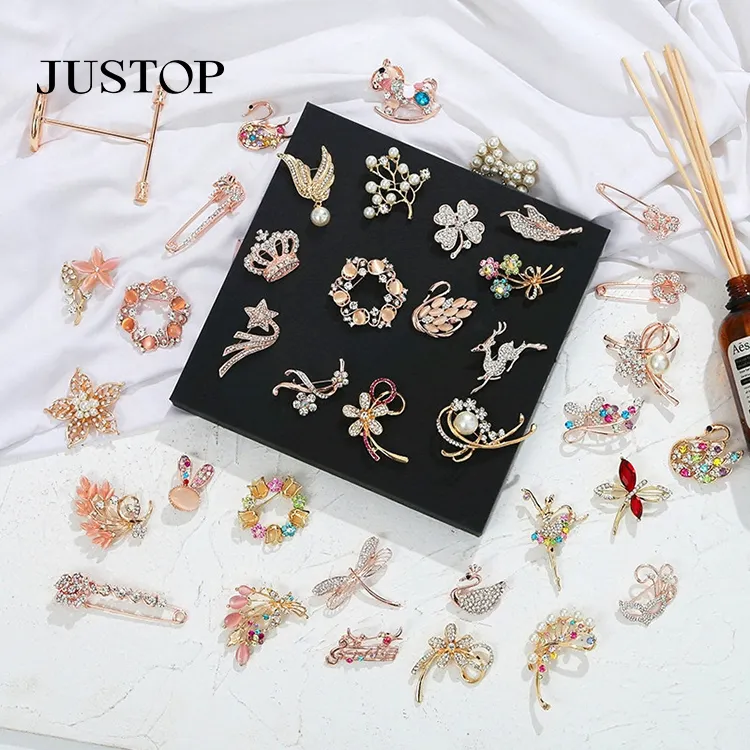 JUSTOP Men Brooch Pin Suit Gold Silver Jewelry Metal Brooches For Clothes Pearl Rhinestone Flower Pearl Brooch Pins For Women
