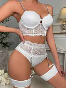 Moda mujer Sexy revelador <span class=keywords><strong>Curvy</strong></span> blanco encaje ligas Push up tres piezas ropa interior - Product Image 2