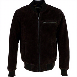 <b>Men</b> Black Bomber <b>Jacket</b> Premium <b>Suede</b> Casual Zip Up Stand Collar Fashion Outerwear - Product Image 1