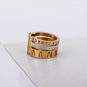 Unisex <b>Titanium</b> Steel Rose Gold Ring With Diamonds Roman Numerals Three Layer Design Everyday Wear Jewelry - Product Image 4