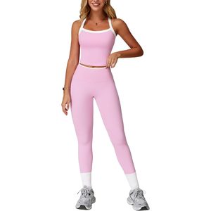 Conjunto Deportivo de Dos Piezas para Mujer, Top Corto Rosa, Leggings de Cintura Alta, Tirantes Finos, Cuello Cuadrado, Elástico en Cuatro Direcciones, Traje de Yoga - Product Image 1
