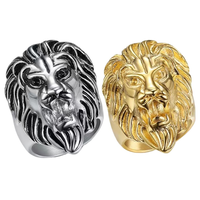 Bague pour homme en acier inoxydable 316 Hip Hop tête de lion polie à la main plaqué or sous vide