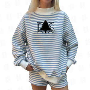 Custom Two Piece Striped Sweatshirt And Shorts Wholesale Cotton French Terry Streetwear Mockneck Sweatshirt Set Girls Stripes - Product Image 2