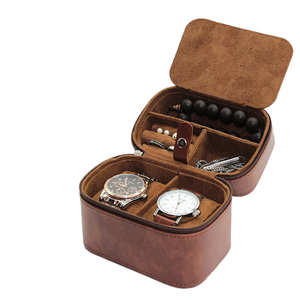 Étui de voyage vintage en cuir marron pour montres, double compartiment, boîte à bijoux portable pour bagues, colliers et bracelets de perles - Product Image 1