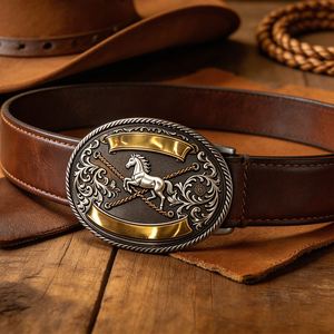 Cinturón Metálico Personalizado Vintage con Diseño Vaquero Occidental, Bordado de Caballo, Borde Floral Bicolor y Logotipo Grabado, Hebillas Personalizadas para Hombre - Product Image 1