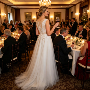 Abito da Sposa Semplice e Leggero <span class=keywords><strong>in</strong></span> <span class=keywords><strong>Tulle</strong></span> <span class=keywords><strong>Trasparente</strong></span> con Pizzo Floreale per Matrimoni all'Aperto, Fotografia di Viaggio, Banchetti e Serate Eleganti - Product Image 4