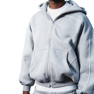Sweat-shirt en molleton gris à capuche et fermeture éclair pour homme, coupe classique, couleur unie, vêtement décontracté, saison automne, 100% coton, matière tricotée - Product Image 3