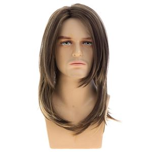 Perruques synthétiques <span class=keywords><strong>mi</strong></span>-longues pour hommes, raie centrale, brun, aspect naturel, <span class=keywords><strong>frange</strong></span> pré-coupée, fibre résistante à la chaleur, usage quotidien - Product Image 2
