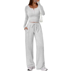 Ensemble de détente 2 pièces pour femme : haut court Henley à manches longues et pantalon large – Survêtement décontracté respirant toutes saisons - Product Image 1