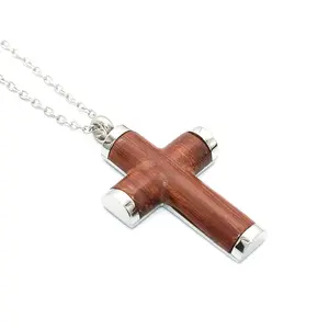 Collier pendentif croix en bois véritable en acier inoxydable 316L poli miroir pour cadeau homme d'affaires