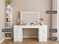 Coiffeuse LED éclairée avec miroir à 13 ampoules globe, poignées argentées et tabouret doré, avec tiroirs de rangement