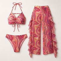 Ensemble de maillot de bain bikini trois pièces sexy pour femme, style russe, européen, américain, taille haute, en maille imprimée, en spandex et polyester