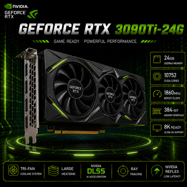 Used GeForce RTX 3090Ti 24GB GDDR5X 384Bit PCI Express 2.0 X16 10GB Dual Fan High Performance 8K Gaming Rendering Desktop GPU