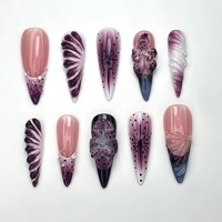 Lot de 10 faux ongles amovibles en ABS, motif floral 3D, style français, faits à la main, longs, forme Stiletto, à presser