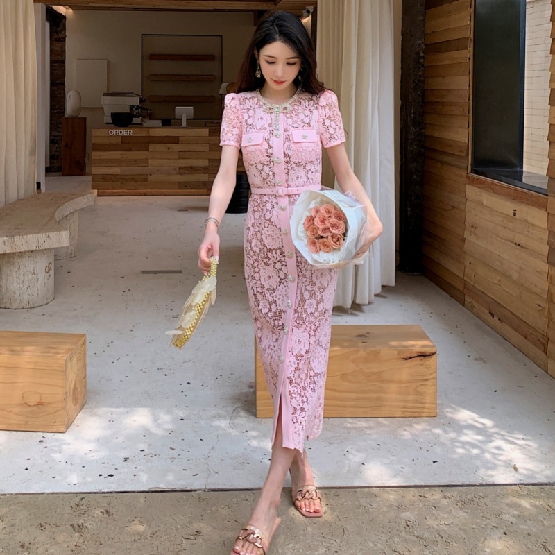 chinese dress ladies A Line Lace Tiered Stunning Pink Prom Dress with Split TP1239 US8 / Ivory main image 1