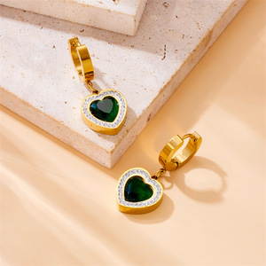 Heart Shape Emerald Jewelry <b>Set</b> Gold Plated Stainless Steel Necklace <b>Bracelet</b> Earrings Women's Everyday Wear - Product Image 2