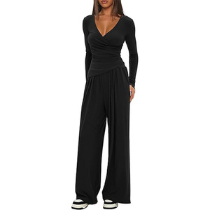 Women's Solid Color 2-Piece Casual Set: V-Neck Long-Sleeve Top with Wide-Leg <strong>Pants</strong> Paired with Athletic Set - Product Image 3