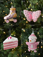 Ornements de Noël roses Kawaii, boules à thème dessert sucré, pendentifs brillants à paillettes pour la décoration de fête de Noël, cadeau