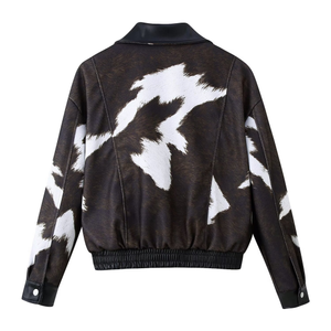 เสื้อแจ็คเก็ตบอมเบอร์สั้<span class=keywords><strong>น</strong></span>แบบมีซิป หนัง PU ลายวัว สไตล์อเมริกั<span class=keywords><strong>น</strong></span>แนวสตรีท ดีไซ<span class=keywords><strong>น</strong></span>์ใหม่สำหรับฤดูใบไม้ร่วง สำหรับผู้หญิง - Product Image 5