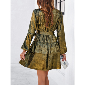 Robe Courte Sexy Col V pour Femme, Coupe Évasée, Ceinturée, Manches Longues Bouffantes, Élégante et Décontractée, Effet Bronzant, Vente en Gros 2026 - Product Image 2