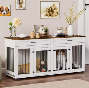 מודרני כלב עץ גדול מודרני עם דלתות כפול ו 2 מגשים כבדים סלון לחיות מחמד כלוב ל 2 כלבים - Product Image 1