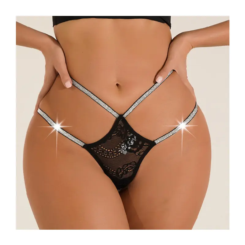 Calcinha de biquíni sexy feminina de cintura baixa verão cinto duplo oco rendas T-Back tangas com cordão G