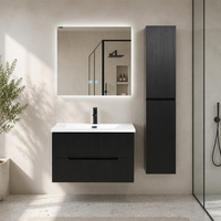Ensemble de meuble-lavabo minimaliste scandinave noir cannelé avec miroir LED à capteur tactile intelligent et lavabo en résine, pour salle de bain, salon et chambre