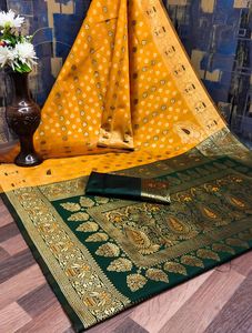 Fancy Stylish Soft <b>Yellow</b> Silk <b>Saree</b> with Peacock Embroidery Green Border Party Festive Wear Designer Ethnic Wear - Product Image 4