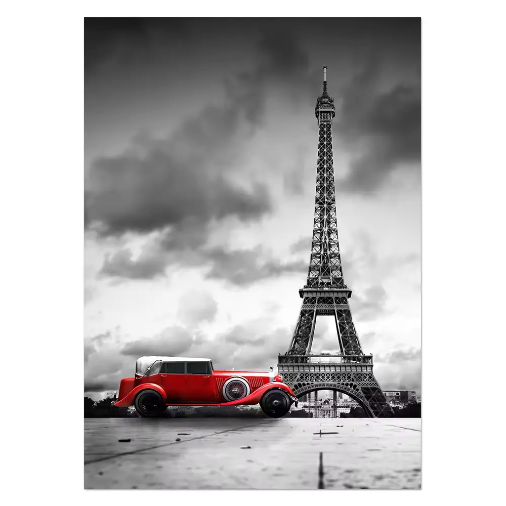Sıcak satış özel resim Paris eyfel kulesi kırmızı araba manzara yüksek çözünürlüklü tuval boyama ev dekorasyon için
