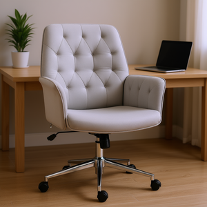 Chaise de bureau moderne gris clair à dossier mi-haut en tissu de lin capitonné, pivotante et réglable pour le bureau à domicile - Product Image 2