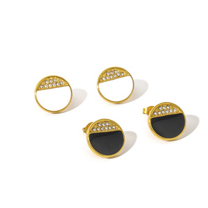 Fashion <b>Stud</b> <b>Earrings</b> Geometric Round <b>Black</b> White Zircon Inlay Bezel Setting Party Jewelry for Women - Product Image 5