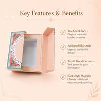 Caja de Regalo Islámica Personalizada con Iluminación, Diseño Floral Tazhib, Borde Griego Teal, Estilo Libro, Magnética, para Perfumes y Joyería