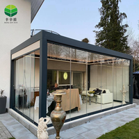 Pérgola de Aluminio para Exteriores, Fácil de Montar, Impermeable, Resistente al Viento, Techo de Láminas, Gazebo con Puertas Corredizas de Vidrio Motorizadas