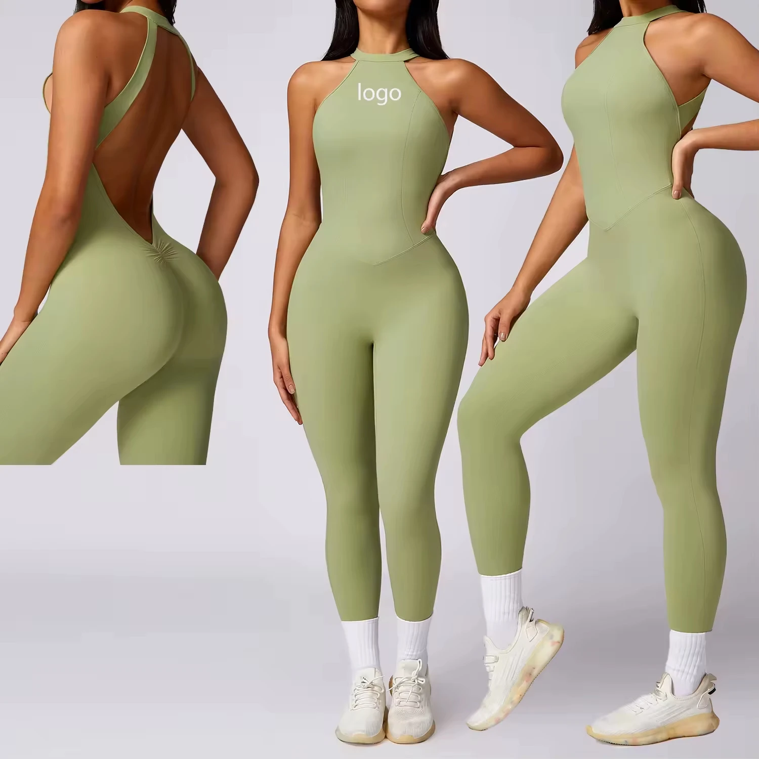 Custom 4-Way Stretch Women's Quick Dry 1pcs Yoga Bodysuit V Waist Scrunch Butt Tight Fitness Workout Running Sports Jumpsuits
