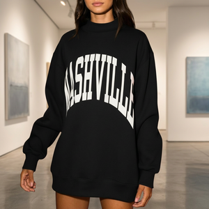 Sudadera OEM negra de cuello alto para mujer, estilo Y2K, con hombros caídos, estampado de letras universitarias en la parte delantera, estilo urbano, holgada - Product Image 1
