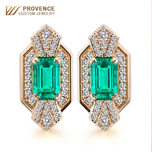 Boucles d'oreilles de luxe vintage pour femmes, faites à la main, en or jaune 18K, 14K, 10K, avec pierres précieuses de laboratoire de coupe émeraude, pour les fêtes - Product Image 1