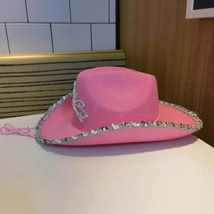 Chapeaux de cowgirl western pour femmes et filles, chapeau Fedora à bord roulé avec décorations de sequins, chapeau de cowgirl rose scintillant - Product Image 4