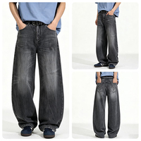 Jean coupe droite style parisien rétro américain effet craquelé pour hommes et femmes, pantalon ample délavé à l'eau, longueur ras du sol, jambe large