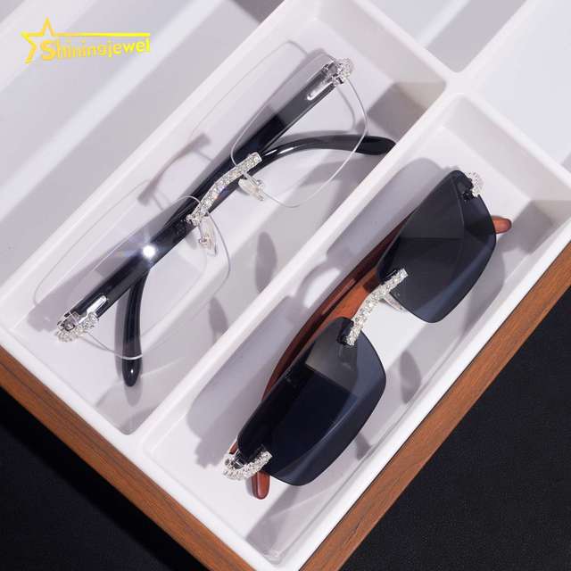 Wholesale Fashion VVS Moissanite Glasses Iced Out Diamond 925 Silver Black Clear Lens Eyewear Jewelry Sunglasses