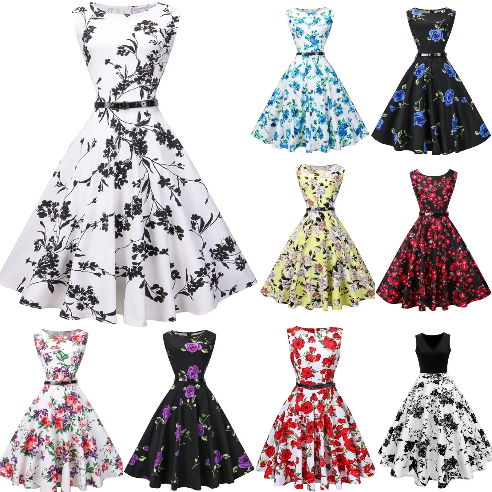 TFD6004A Benutzer definierte Damen bekleidung Lady Elegant Retro Swing O-Neck Vintage Blumen druck Ärmelloses kurzes Midi Sommer Freizeit kleid