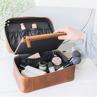 Trousse de Maquillage Vintage Élégante en Cuir avec Grande Fermeture Éclair et Motif Lettres – Sac de Toilette Pratique et Portable