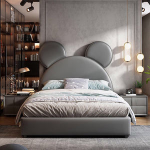 سرير أطفال عصري وأنيق من الجلد والخشب بتصميم ميكي الكرتوني، أثاث غرفة نوم مبطن للاستخدام في المدارس والشقق - Product Image 5