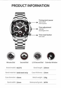Reloj de Cuarzo de Lujo NIBOSI 2576, Reloj de Pulsera Casual para Hombre con Esfera Grande, Cronómetro, Correa de Acero de 20 mm - Product Image 6
