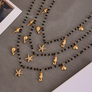 Vintage 18K oro acero inoxidable negro cristal Ábaco piedra Natural hueco cuenta cuatro puntas estrella colgante collar 41 + 5cm - Product Image 2