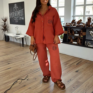 Abiti di cotone <span class=keywords><strong>Oversize</strong></span> di fabbrica in lino in tinta unita camicetta con bottoni e pantaloni larghi a gamba dritta set di 2 pezzi per <span class=keywords><strong>donna</strong></span> - Product Image 4