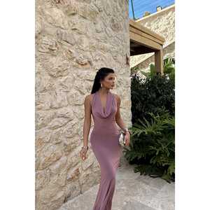 PAMELLA DRY ROSE Backless Long A-Line Evening <b>Dress</b> XXL Size with Modern Feathers <b>Fur</b> & Pearl Decor for Prom or Party - Product Image 2