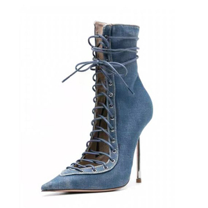 Summer Autumn Lace-Up ZIP Ankle <b>Boots</b> High Top Sexy Women's Denim Short Slim Heels Big Size 48 - Product Image 2