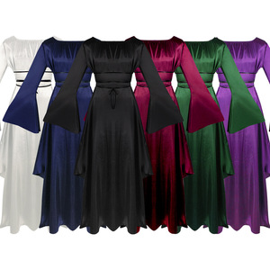 Robe de fête médiévale à manches longues, col rond, ceinture, coupe asymétrique en A, en satin, costume pour femme, naturel, Halloween - Product Image 1