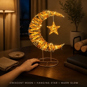 Lampe <span class=keywords><strong>LED</strong></span> Chaude en Forme de Croissant de Lune et Étoile pour l'Aïd du Ramadan, Petite, en Bois Tressé avec <span class=keywords><strong>Ruban</strong></span> Ambré, Réutilisable, Durable, à Piles AA, Décoration Lumineuse Féerique - Product Image 5