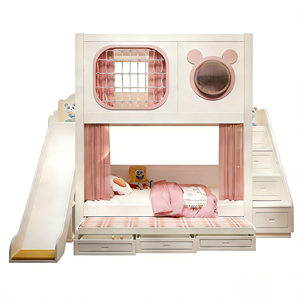 <span class=keywords><strong>Lit</strong></span> superposé château de princesse contemporain pour filles avec toboggan, rangement, bois massif durable, rose, ensemble de meubles pour chambre d'enfant, salon - Product Image 6